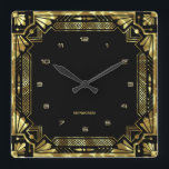 Reloj Cuadrado Marco Art Deco dorado<br><div class="desc">Tonos dorados Marco Art Deco,  estilo geométrico sobre un fondo negro. Monograma de personalizable.</div>