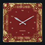 Reloj Cuadrado Marco Art Deco Dorado Sobre Rojo Oscuro<br><div class="desc">Tonos dorados Marco Art Deco,  estilo geométrico sobre un fondo rojo oscuro. Monograma de personalizable.</div>