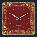 Reloj Cuadrado Marco Art Deco Dorado Sobre Rojo Oscuro<br><div class="desc">Tonos dorados Marco Art Deco,  estilo geométrico sobre un fondo rojo oscuro. Monograma de personalizable.</div>