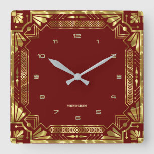 Reloj Cuadrado Marco Art Deco Dorado Sobre Rojo Oscuro