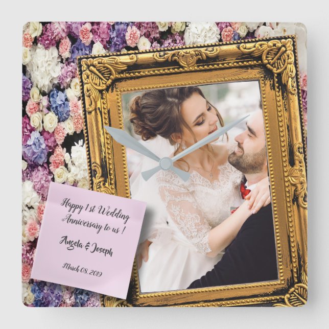 Reloj Cuadrado Marco de madera antiguo floral aniversario de boda (Anverso)