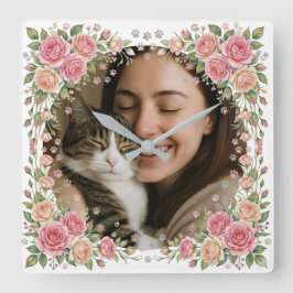 Reloj Cuadrado Marco de Rosa de Acuarela Personalizado Gato Mamá 