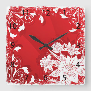 Reloj Cuadrado Marco floral rojo y blanco