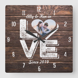 Reloj Cuadrado Marco fotográfico cardíaco amor Monograma de Woodl