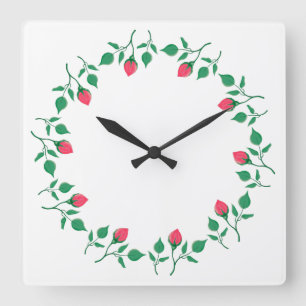 Reloj Cuadrado Marco redondo floral con flores rosadas
