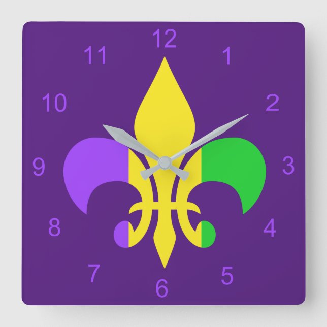 Reloj Cuadrado Mardi Gras Green Yellow Purple Fleur-de-Lis (Anverso)