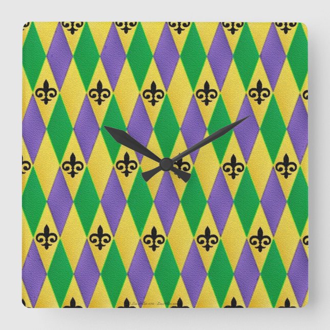 Reloj Cuadrado Mardi Gras Harlequin Fleur De Lis (Anverso)