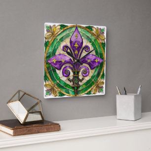 Reloj Cuadrado Mardi Gras Sained Glass Fleur de lis