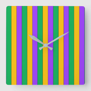 Reloj Cuadrado Mardi Gras Stripes Patrón Verde Amarillo Púrpura
