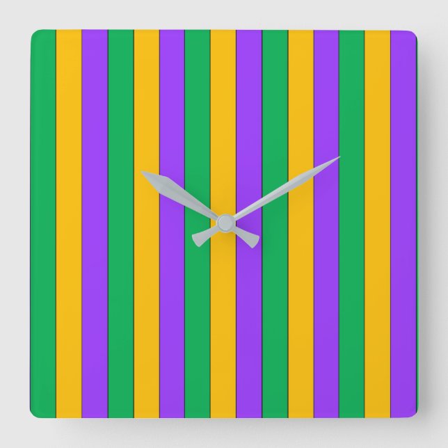 Reloj Cuadrado Mardi Gras Stripes Patrón Verde Amarillo Púrpura (Anverso)