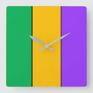 Reloj Cuadrado Mardi Gras Stripes Pattern Púrpura amarillo verde