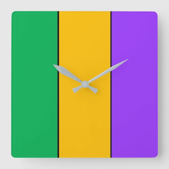 Reloj Cuadrado Mardi Gras Stripes Pattern Púrpura amarillo verde (Anverso)