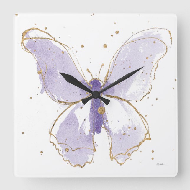 Reloj Cuadrado Mariposa acuarela Lavender (Anverso)