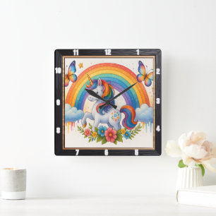 Reloj Cuadrado Mariposa Arcoíris Unicornio Caprichoso 