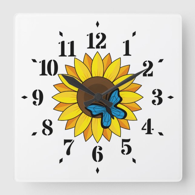 Reloj Cuadrado Mariposa azul y girasol (Anverso)