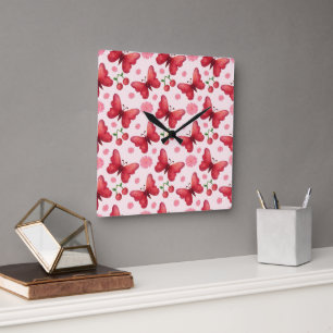 Reloj Cuadrado Mariposa caprichosa y patrón de cereza en acuarela
