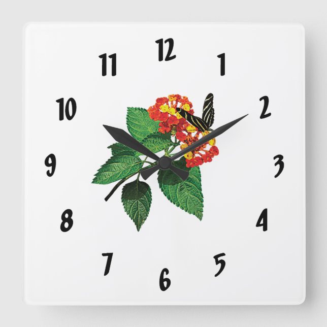 Reloj Cuadrado Mariposa cebra en Lantanas (Anverso)