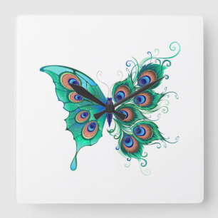 Reloj Cuadrado Mariposa con plumas de pavo real verde