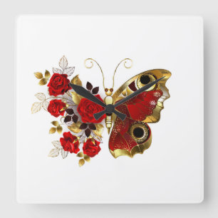 Reloj Cuadrado Mariposa de flor roja con rosas rojas