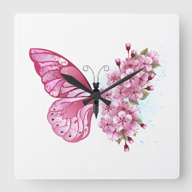 Reloj Cuadrado Mariposa de flores con Sakura rosa (Anverso)