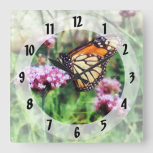 Reloj Cuadrado Mariposa de monarca en Lantana rosado