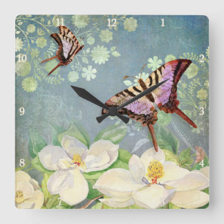 Reloj Cuadrado Mariposa Magnolia Vintage Azul Floral