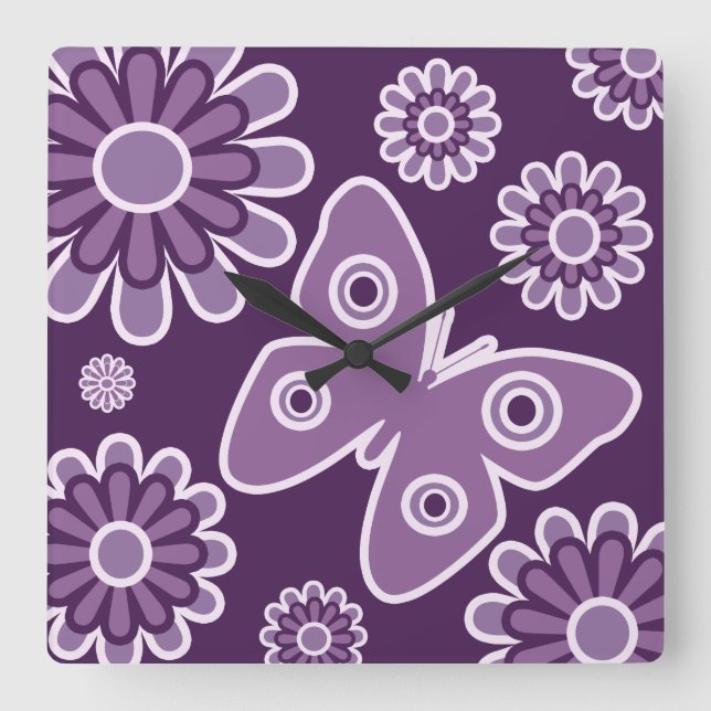 Reloj Cuadrado Mariposa Moderna Morada Y Lavanda Floral Primavera (Anverso)