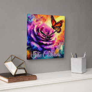 Reloj Cuadrado Mariposa Monarca en Rosa al Atardecer Personalizad