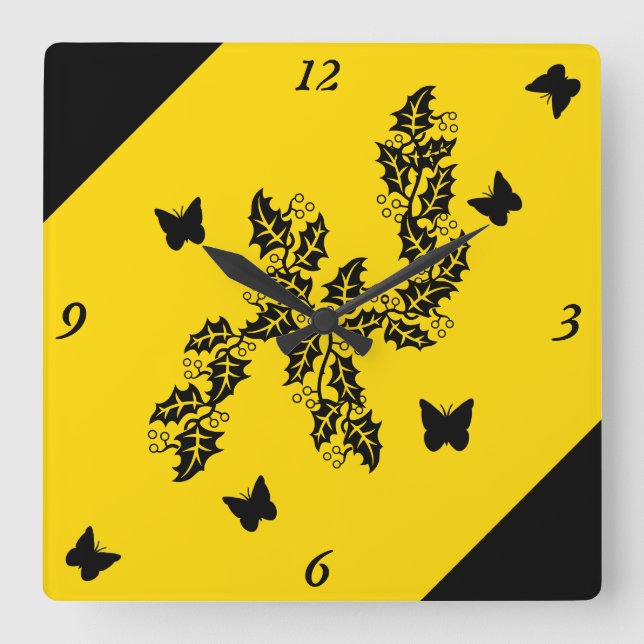 Reloj Cuadrado mariposa negra en amarillo (Anverso)