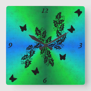 Reloj Cuadrado mariposa negra en arcoiris verde azul