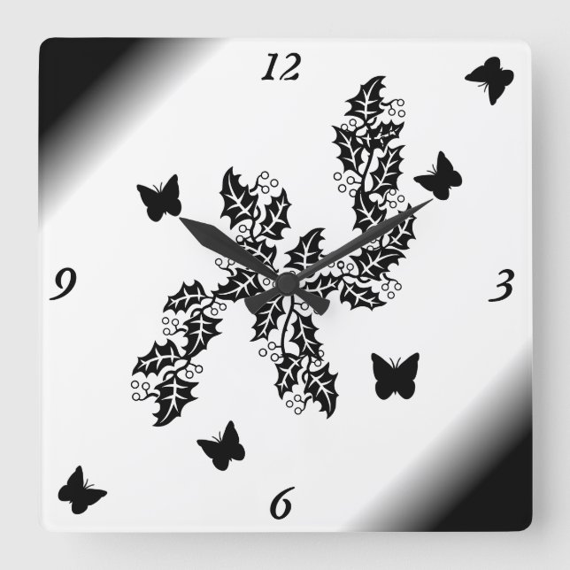 Reloj Cuadrado mariposa negra en blanco y negro (Anverso)