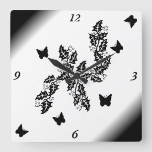 Reloj Cuadrado mariposa negra en blanco y negro