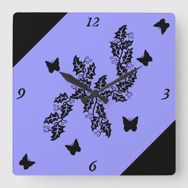 Reloj Cuadrado mariposa negra en lilac (Anverso)
