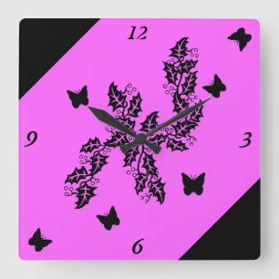 Reloj Cuadrado mariposa negra en rosa