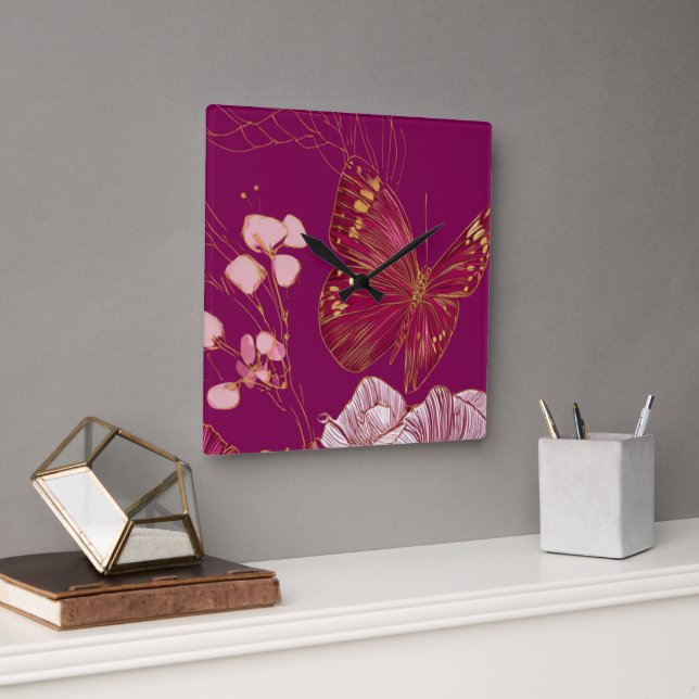 Reloj Cuadrado Mariposa Rosa (Oficina)