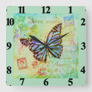 Reloj Cuadrado Mariposa verde azulado y púrpura