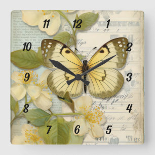 Reloj Cuadrado Mariposa y flores de época