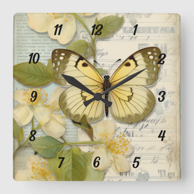 Reloj Cuadrado Mariposa y flores de época (Anverso)