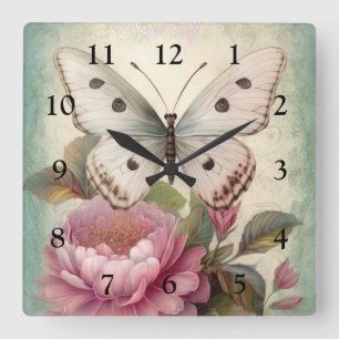 Reloj Cuadrado Mariposa y flores de época