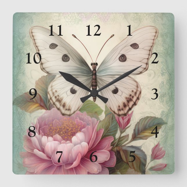 Reloj Cuadrado Mariposa y flores de época (Anverso)
