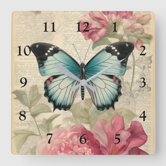 Reloj Cuadrado Mariposa y flores de época (Anverso)