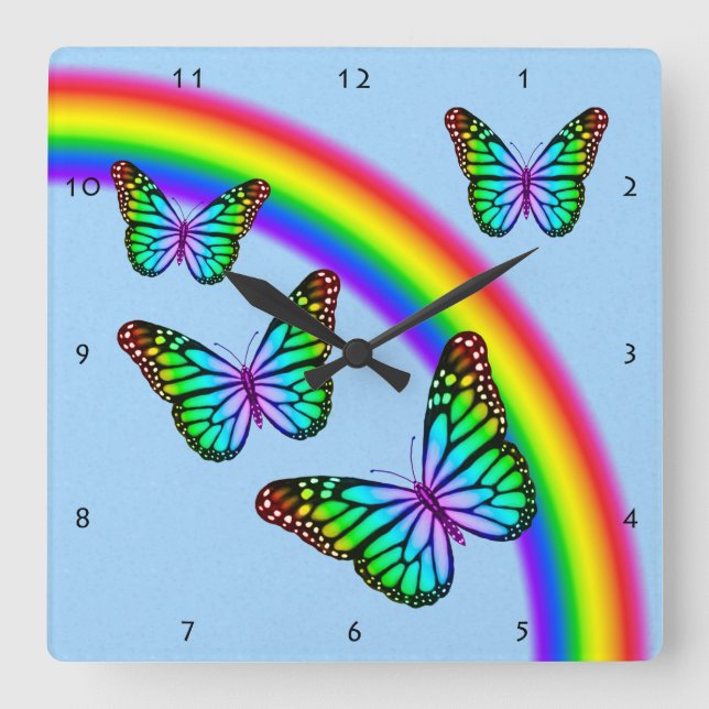 Reloj Cuadrado Mariposas arcoiris coloridas (Anverso)