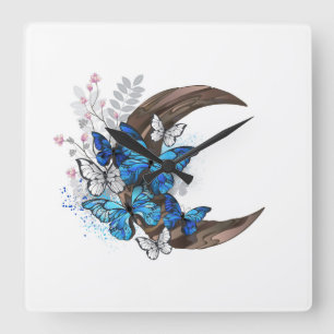 Reloj Cuadrado Mariposas azules en creciente de madera