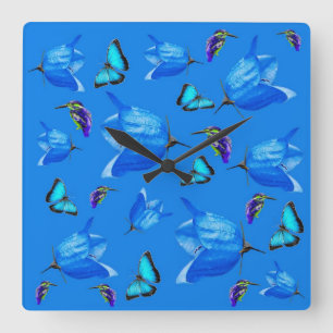 Reloj Cuadrado Mariposas Azules, Martín Pescadores Y Flores De Ca