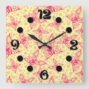 Reloj Cuadrado mariposas crimson de encaje en punto polka amarill