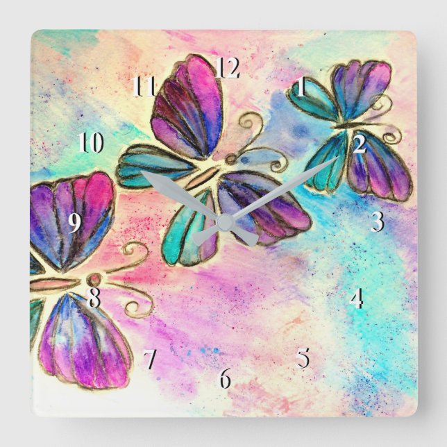 Reloj Cuadrado Mariposas Cuidadosamente Coloridas - Arte acuático (Anverso)
