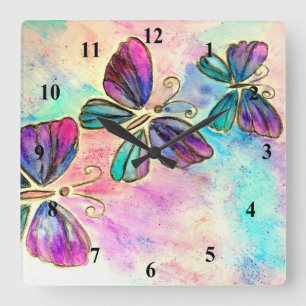 Reloj Cuadrado Mariposas de colores cortos - Acuarela