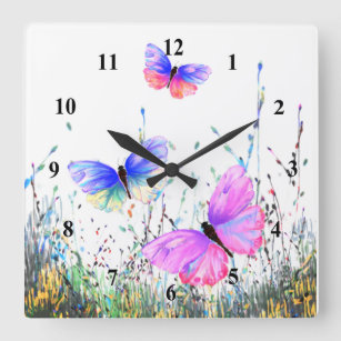 Reloj Cuadrado Mariposas de colores volando en la naturaleza - al