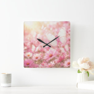 Reloj Cuadrado Mariposas de lazo rosa en jardín