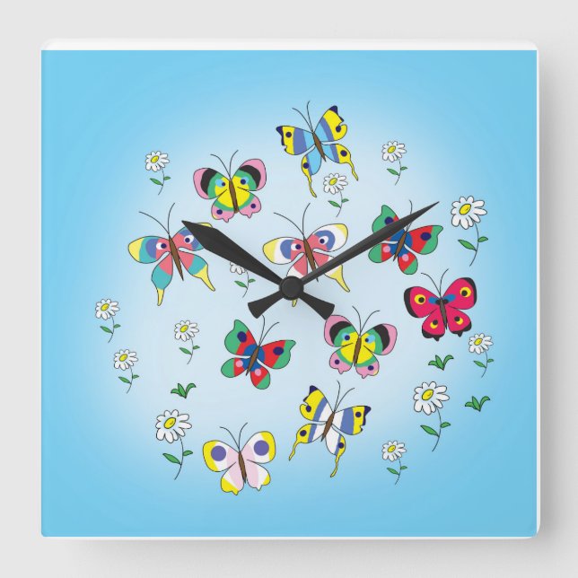 Reloj Cuadrado mariposas divertidas al fondo del cielo (Anverso)